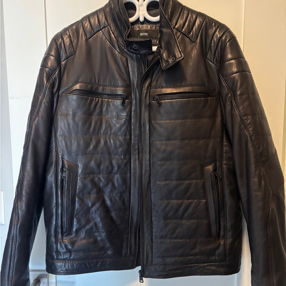 Hugo Boss Men's Black Quilted Leather Bomber Jacket